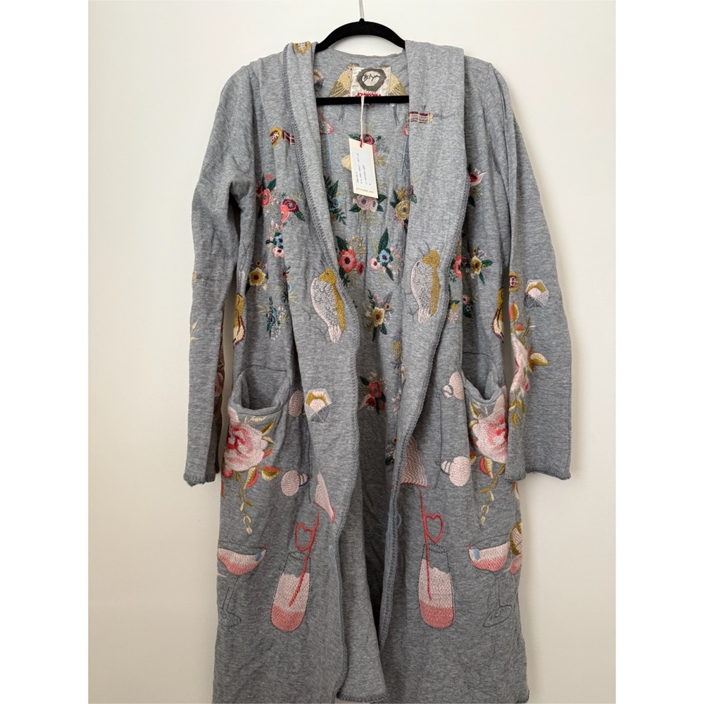 Johnny Was Gray Floral Embroidered Cardigan